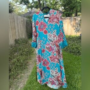 N Natori Teal Blue Floral Paisley Print Boho Caftan Maxi Dress S